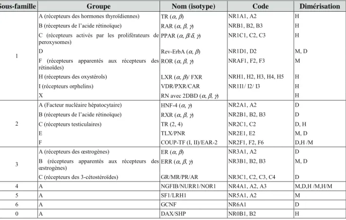 Tableau 3.  Place des récepteurs nucléaires des œstrogènes dans la classification phylogénétique des RNs  M : monodimère, D : homodimère, H : hétérodimère