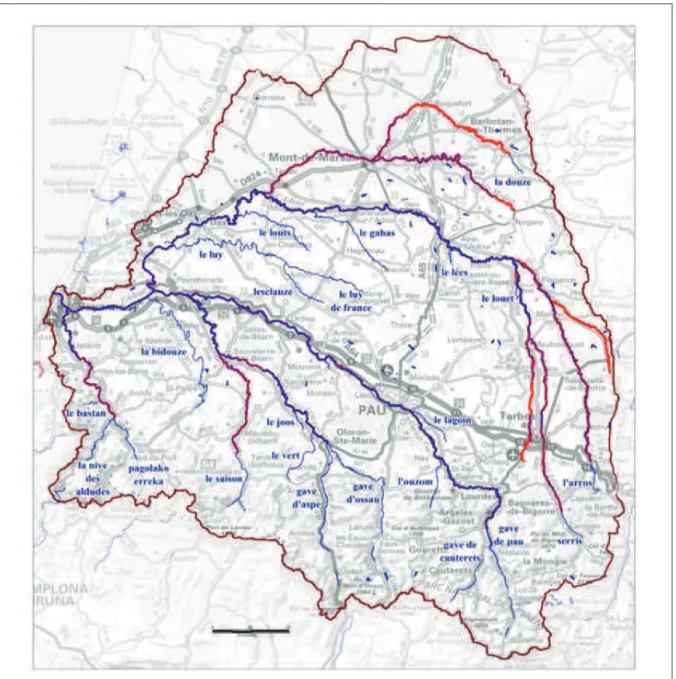 Fig. 1.7 – Le bassin versant de l’Adour et les principaux affluents de l’Adour.