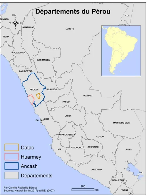 Figure 1 : Les départements du Pérou et plus particulièrement les deux zones à l‘étude  (Catac en jaune et Huarmey en rose) dans le département d’Ancash (bleu) 