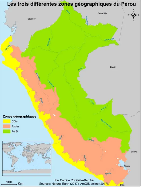 Figure 2: Les trois espaces géographiques du Pérou  Sources : Natural Earth (2017) et ArcGIS online (2017)