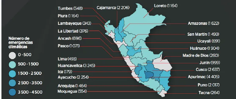 Figure 4: Urgences météorologiques 4  par région du Pérou entre 2003 et 2014  Source : MINAM (2016)