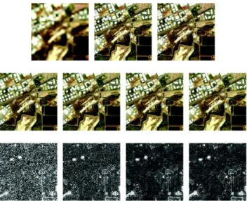 Fig. 1. Fusion results. Top, left: HS image. Top, middle: MS image. Top, right: Reference image