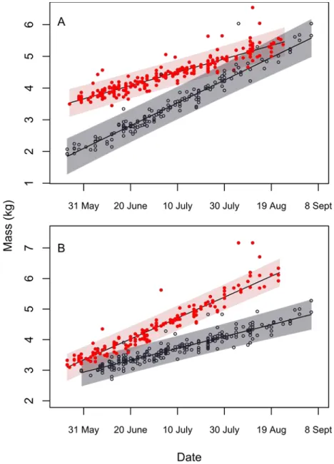 Figure 2.2. Effects of environmental variation in winter (A) and spring (B) on changes in body mass during  summer, for adult hoary marmots at Caw Ridge, Alberta, Canada (2004‒2017, n=422)
