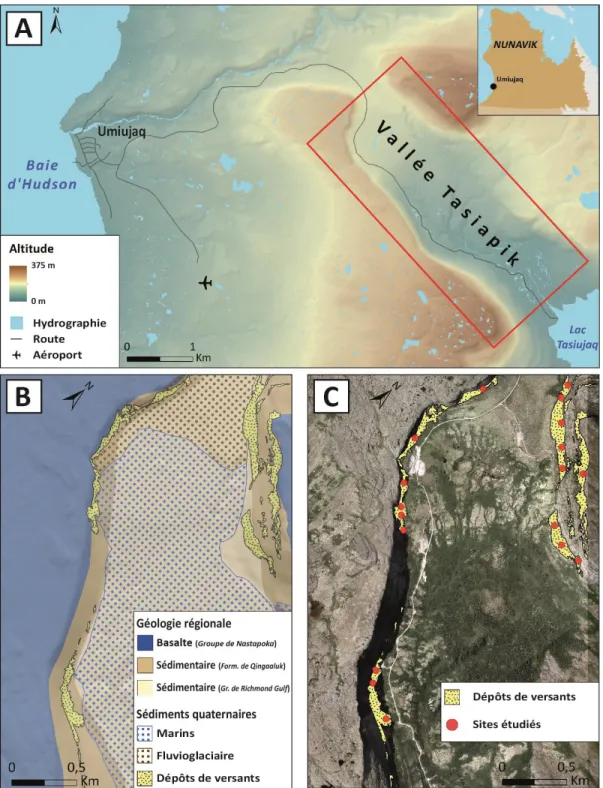 Figure 1: Localisation de la vallée Tasiapik et les environs d'Umiujaq (A); géologie régionale et couverture sédimentaire dans la vallée  Tasiapik (B); distribution des dépôts de versant et localisation des sites étudiés (C)