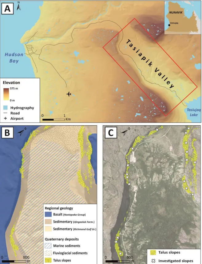 Figure 3: Location of Tasiapik Valley within the Umiujaq area (A); regional geology and quaternary sediments in Tasiapik Valley (B);  distribution of the talus slopes and investigated slopes (C)