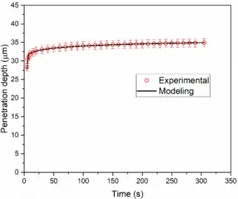 Figure 2-8.  Comparison of experimental and modeling response in terms of penetration depth  versus time for creep microindentation tests