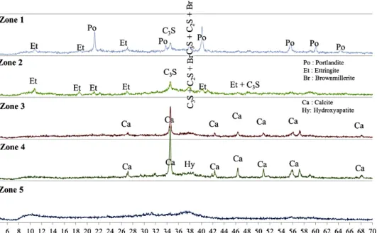 Fig. 7. X-ray traces of ordinary cement paste specimens immersed in inoculated biowaste in anaerobic fermentation conditions for 4 weeks.