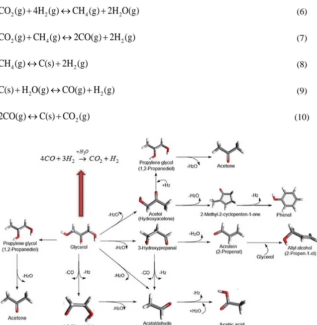 Figure 1.2. Différentes voies de réactions pour le procédé de vaporeformage du glycérol  [14]