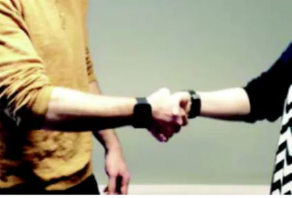 Figure 2 Two people shaking hands  using smartwatches.
