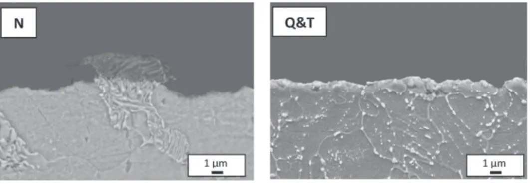 Fig. 6. SEM observations of the cross-sectional views of the corroded steel surfaces after 6 h of immersion in a 0.5 M NaCl solution saturated with CO 2 : Normalized (N) and Annealed (A) samples.