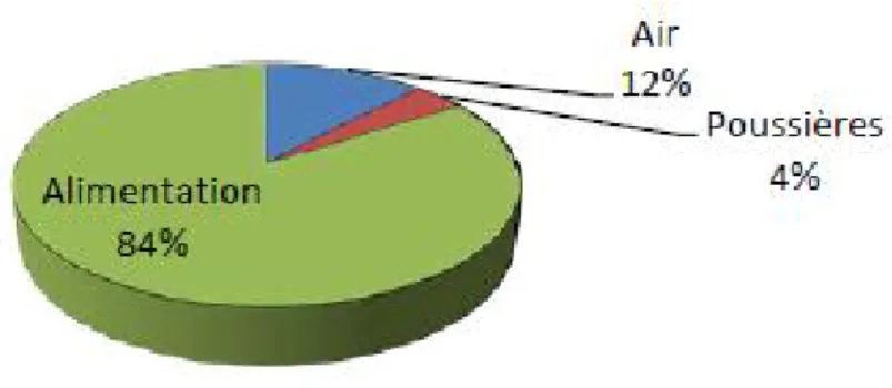 Figure 7 : Contribution de différentes voies d’exposition à la dose interne totale en BPA pour les femmes  enceintes (compartiment aérien, poussières et alimentation) d’après l’Anses  (2013) 