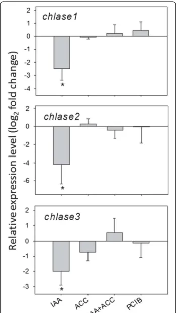 Figure 6 Modulation of chlorophyllase transcripts, 96 h after hormonal treatments (see abbreviations in legend of Figure 2)
