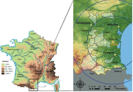 Fig. 1 (Left) Main rivers and mountains of France. (Right) Study zone: Pyrenean foothills and Montagne Noire catch- catch-ments, showing Opoul radar station, 50-km and 80-km range markers, operational raingauge network, and main cities.