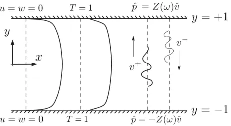 Figure 1. Computational setup for LES of compressible turbulent channel flow with impedance boundary conditions interacting with up-traveling, v + , and down-traveling v − waves