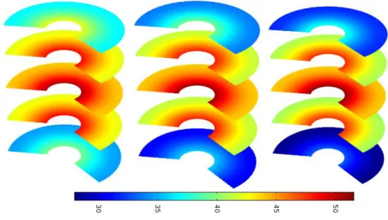 Figure 6.12 Comparison of temperature distributions of different slices of samples heated by  different values of ℎ 