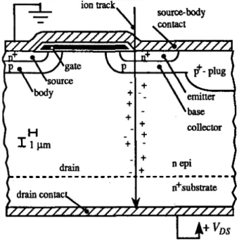 Figure 1.2.1 – Trajectoire d’un ion lourd à travers la structure NPN parasite d’un MOSFET de puissance vertical (schéma Johnson et al.)