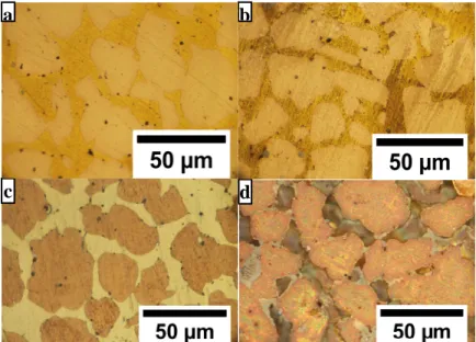 Figure 8. Optical microscope observations of the α,β’ brass CuZn40Pb2 after interrupted  anodic  polarization  tests  in  a  0.5  M  NaNO 3  solution  (a)  before  breakdown  potential  (20  mV.SCE),  pH  11  (b)  after  breakdown  potential  (50  mV.SCE),