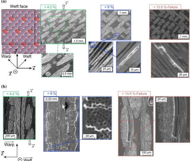 Fig. 8 SEM micrographs at different strain levels: a in-plane observation of the weft face and b transverse cuts