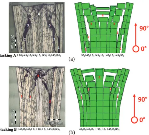 Fig. 15. Experiment/model comparison of cut sections of stacking A (a), and B (b) impacted at 10 J just under the impactor.