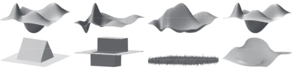 Fig. 1. Least-squares normal integration. First row, from left to right: ground truth C ∞ depth map u, analytical derivatives p and q corrupted by an additive zero-mean Gaussian noise with standard deviation σ = 5% of kgk ∞ , and least-squares  reconstruc-