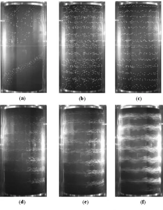 FIG. 5. Visualizations of the two-phase arrangement as a function of Re number. Traces of bubbles are visible for several wavelengths over the height of the device by integrating an exposure time of 20 ms