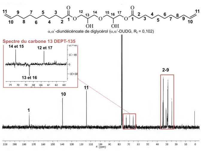 Figure II-39 : Analyse RMN du carbone 13 et carbone 13 DEPT-135 (encadré orangé) dans du chloroforme deutéré du   ’- ’-DUDG