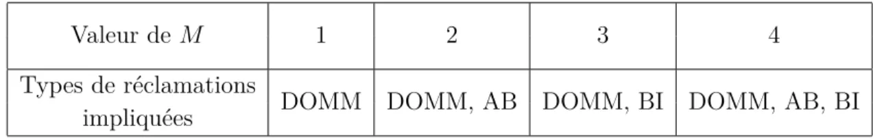 Tableau 3.8 – Combinaisons possibles des types de réclamation pour les analyses de ce projet