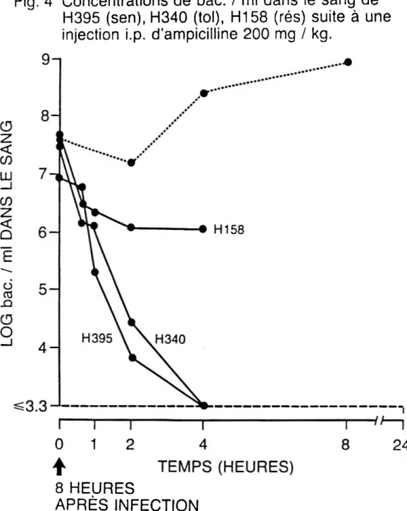 Fig. 4  Concentrations de bac. / ml  dans  le  sang de  H395 (sen), H340  (toi), H158  (rés) suite  à  une  injection  i.p