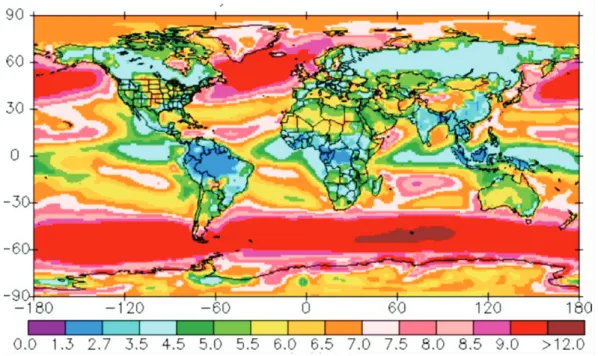 Figure 3. Estimate of wind velocity (m.s-1) at 50m, average over a 10-year period [11].