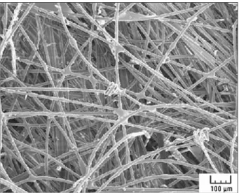 Fig. 2 Typical SEM observation of aramid fibres entangled cross-linked fibres. Fibres density is 150+30 kg/m 3 of epoxy resin