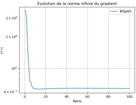 Figure 2.1 – Évolution de la norme infinie du gradient - L’évolution de la norme infinie du gradient de notre modèle utilisant la vraisemblance logarithmique laisse supposer que l’objectif n’est pas fortement convexe, ou que sa constante de forte convexité