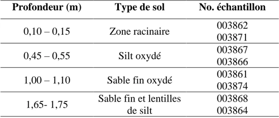 Tableau 4. Caractéristiques des échantillons de sol prélevés dans la zone non saturée