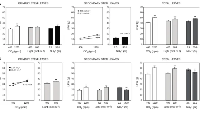Fig. 3.1 Effects  of  atmospheric  CO 2   concentration,  PPFD  and  NH 4 +   supply  on  the  biomass  fresh  weight of primary stem, secondary stem and total leaves at the end of the growth period (A) or at  harvest following H1 expression (B)