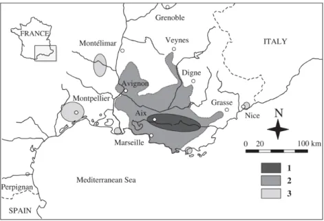 Figure 12 : répartition actuelle de  X. derbentina en Provence : (1) répartition géographique  supposée  de  1949 à 1965   (2) répartition  continue actuelle  (3) populations discontinues  et  isolées (d’après Aubry et al