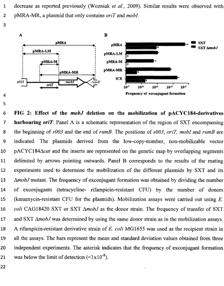 FIG 2: Effect of the mobJ deletion on the mobilization of pACYC184-derivatives  harbouring oriT