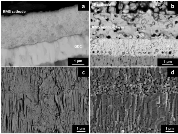 Figure 7. Cross section of samples with RMS (a,c), and RMS+SP (b,d) samples. Zoom on  RMS nickelate lanthanum layer (a,b)
