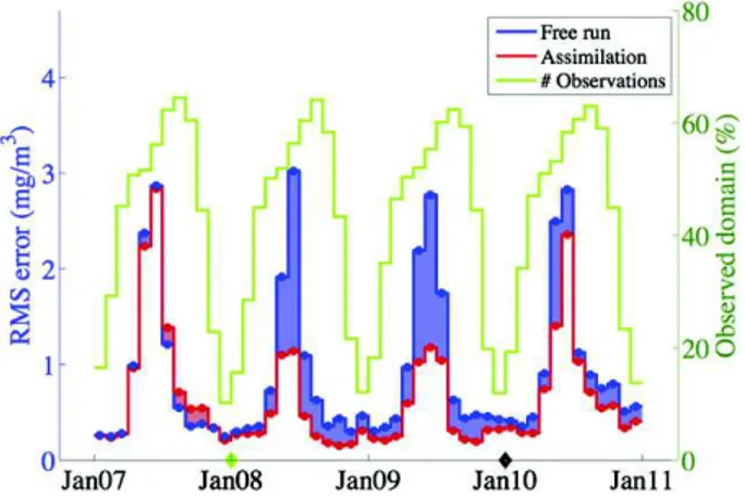 Fig. B.14. Monthly averaged surface chlorophyll concentration: time evolution of the RMS error in the Arctic Ocean.