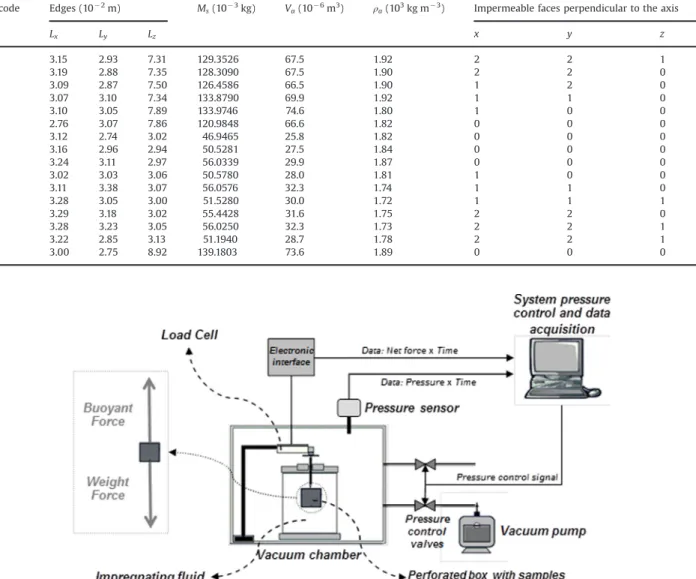 Fig. 2. Schematics of the experimental device used to investigate the vacuum impregnation process kinetics, showing details of the forces acting on the system formed by the rigid rod and the perforated box containing the samples (adapted from Carcioﬁ et al