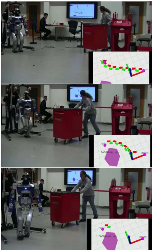 Figure 2.8: Online replanning on HRP-2. Top: the robot has planned a feasible footstep path towards a goal object