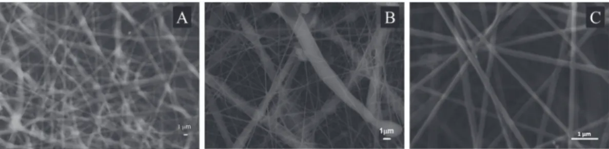 Figure 3. SEM images of electrospun scaffolds produced using (A) 25% (wt/wt) PCL in DCM/DMF (70 : 30 wt/wt); (B) 10% (wt/wt) PCL in HFIP; and (C) 10% (wt/wt) P(LLA-CL) (70 : 30) in DCM/DMF (70 : 30 wt/wt)