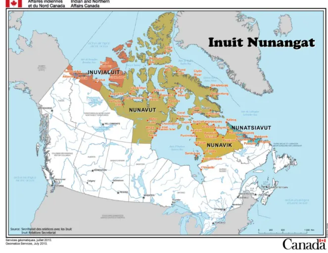 Figure 1. Les quatre régions de l'Inuit Nunangat canadien (Aboriginal Affairs and Northern Development Canada 2006) 