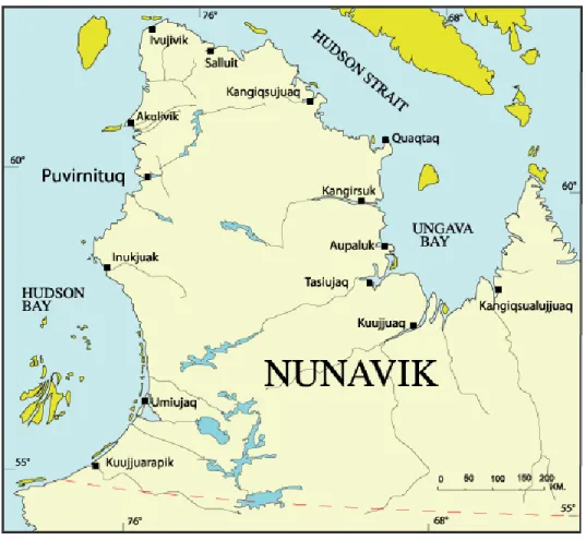 Figure 2. Localisation des 14 villages nordiques du Nunavik (Société Régionale Makivik 2013) 