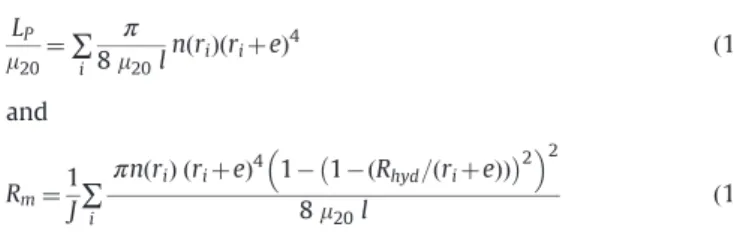 Fig. 8. Selectivity curves of pristine and aged membranes (NaClO 350 ppm, pH 8), comparison between experimental results and calculated ones using a pore size distribution in which ageing induced an increase in pore radius (ﬁrst scenario).