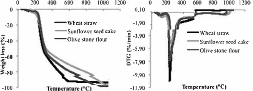 Fig. 1. Thermogravimetric analysis {TGA) of the by-products used in this study (wheat straw, sunDower seed cake and olive stone Dour)