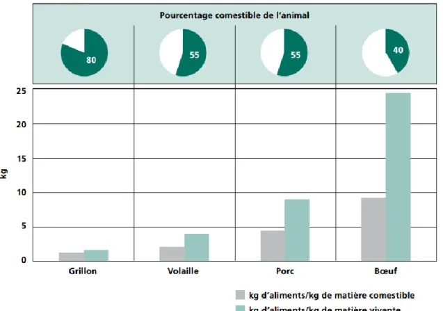 Figure  3.5  Pourcentage  comestible  et  conversion  alimentaire  du  grillon  comparé  à  celles  des  viandes conventionnelles (tiré de FAO, 2014) 