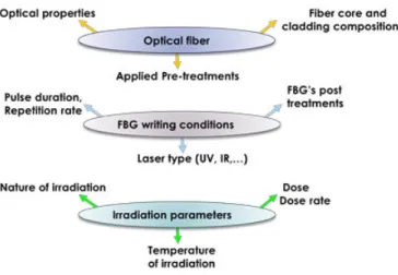 Figure 1. Review of the main extrinsic and extrinsic parameters affecting the FBG radiation response