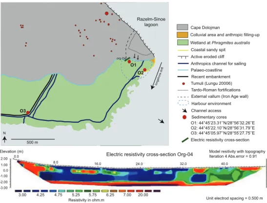 Fig. 2. Geomorphological map and location of archaeological remains and sedimentary cores