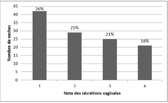 FIGURE 24 : Distribution de la note des sécrétions vaginales entre 21 et 35 jours après vêlage (n=117) 