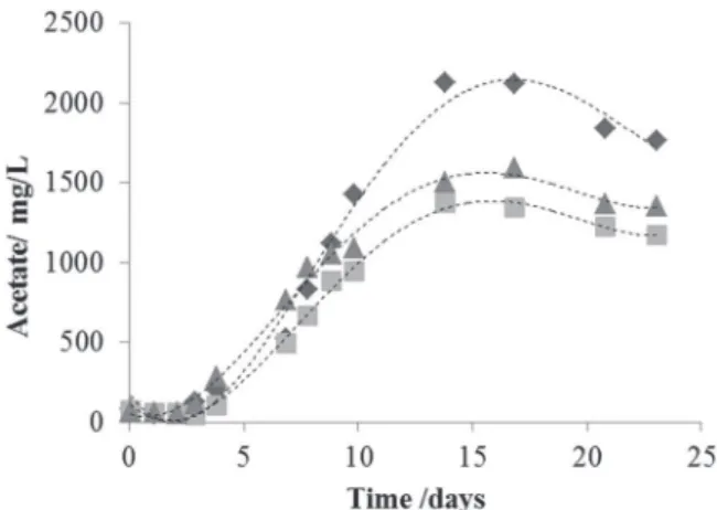 Fig. 7 Acetate production in 3 improved gas–liquid contactors (triplicate) inoculated with the acclimated activated sludge and fed with H 2 at 0.5 mL min ÿ1 and N 2 –CO 2 at 10 mL min ÿ1 .