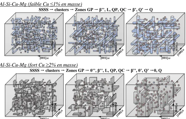 Figure 23 : Schématisation de l’évolution des séquences de précipitation dans les alliages Al-Si-Cu-Mg  de fonderie (bleu : β et précurseurs, rouge : Q et précurseurs, gris : θ et précurseurs) 